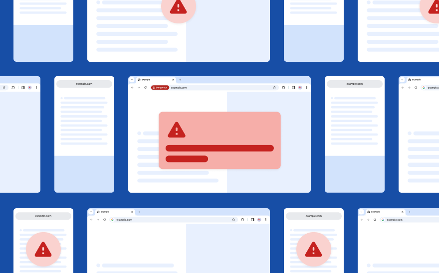 Generic web pages float on a dark blue background. A red pop up with a red alert icon is in front.