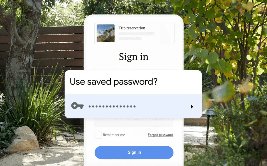 A sign in page for a trip reservation asks to use a saved password. In the background is a nature scene.