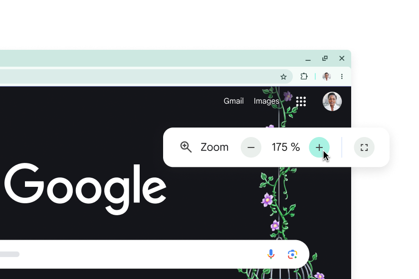 The Google homepage with enlarged elements and a pop-up with Zoom set to 175%